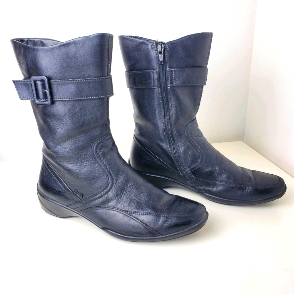 Ecco Black Leather Mid-Calf Ankle Boots with Buckle